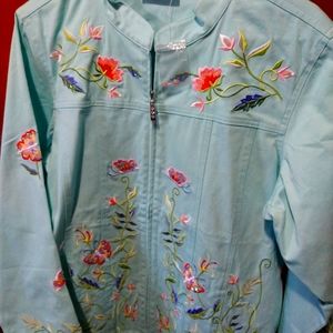 Quacker Factory Jacket Aqua Beaded Embroidered Zipper Jacket L NWOT